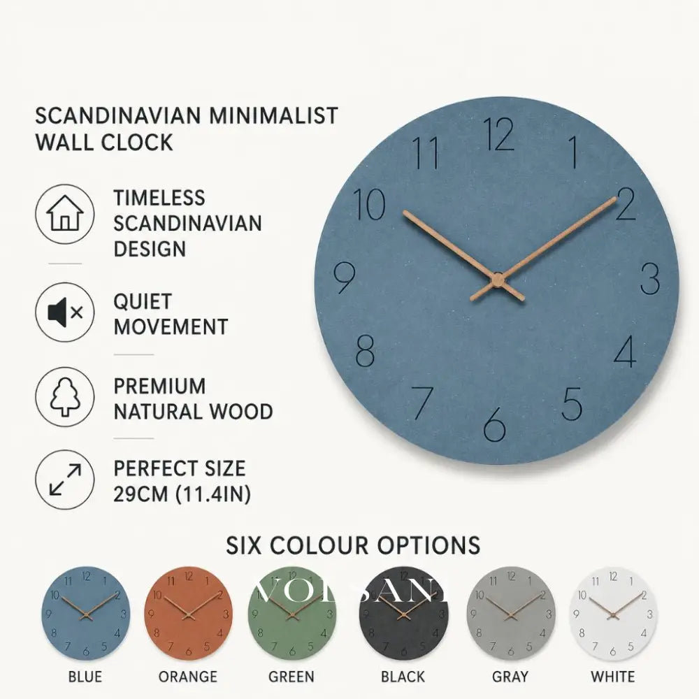 Wood Wall Clock with Plain Dial Scandinavian Living Room & Bedroom Clock Non Ticking Silent Sweep 6 Colors 11.4in