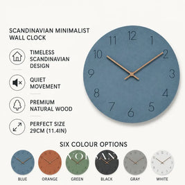 Wood Wall Clock with Plain Dial Scandinavian Living Room & Bedroom Clock Non Ticking Silent Sweep 6 Colors 11.4in