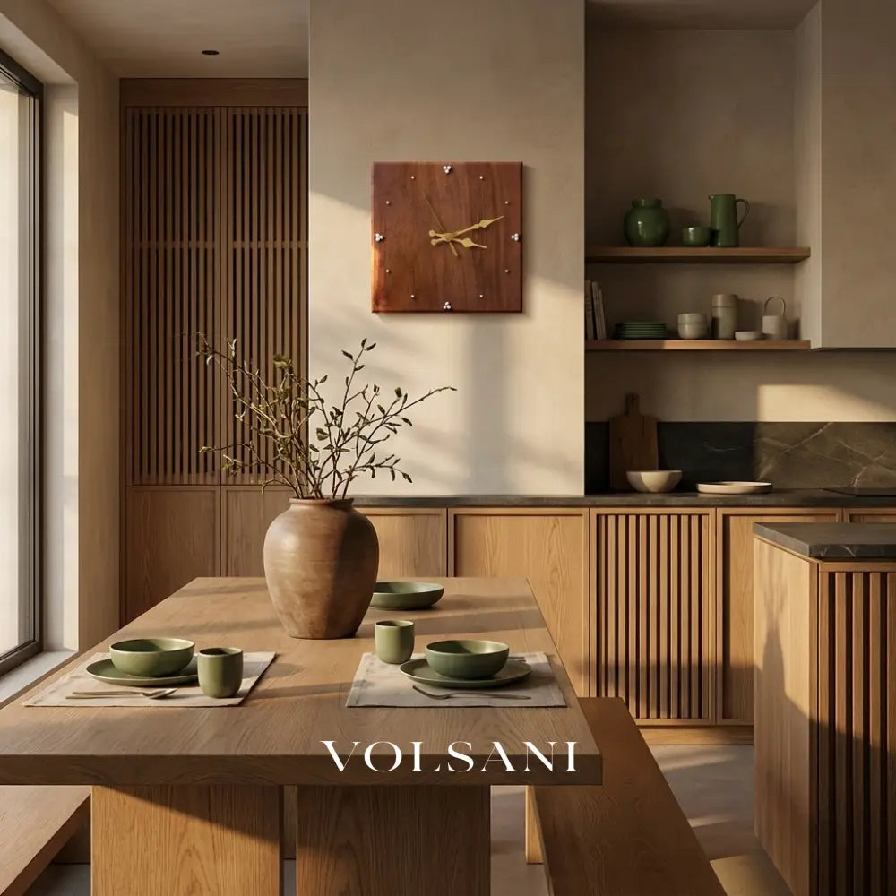 SEP square wood wall clock above a dining table in a kitchen