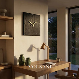 SEP square wood wall clock design B above a desk in a home office