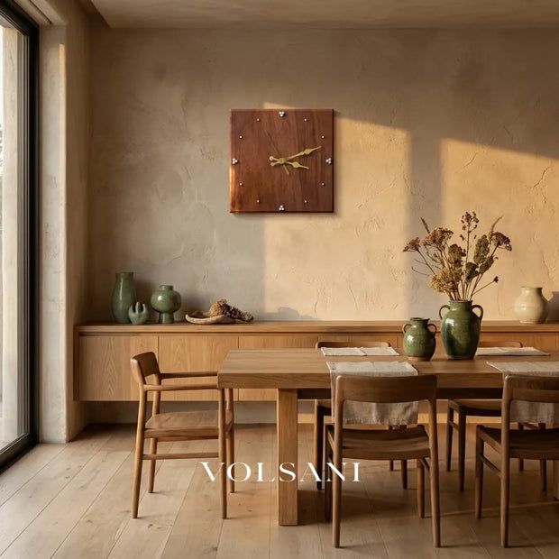 SEP square wood wall clock in a dining room