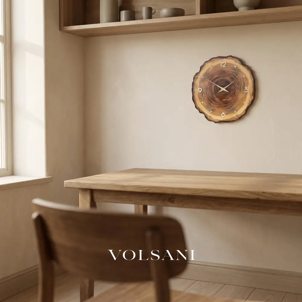 SILJE wood tree ring wall clock in a home study