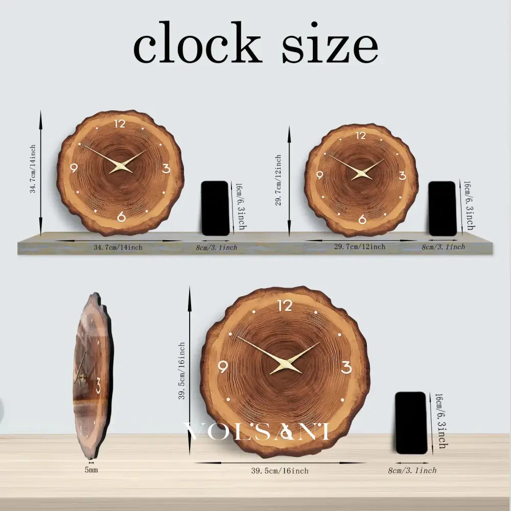 Wood Wall Clock with Tree Ring Face Silent Living Room & Bedroom Clock Non Ticking Sweep Movement 3 Sizes 12-16in