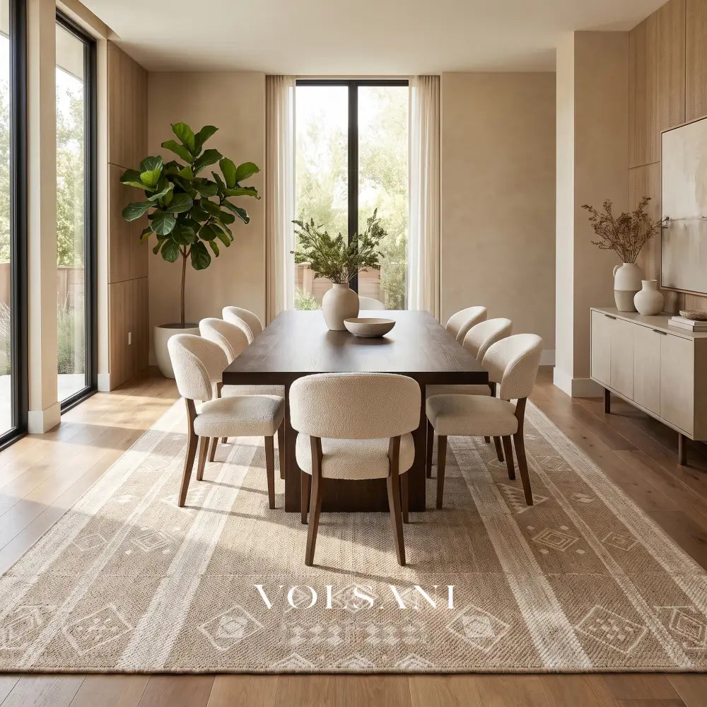 Wool Blend Area Rug with Tribal Weave Neutral Living Room & Dining Room Rug Low Flatweave 5 Sizes 55-138in - 140x200cm