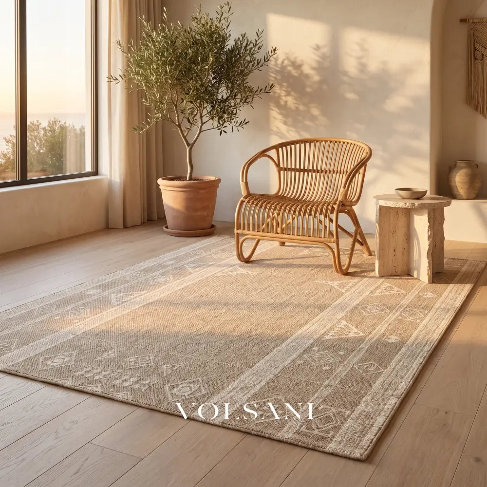 Wool Blend Area Rug with Tribal Weave Neutral Living Room & Dining Room Rug Low Flatweave 5 Sizes 55-138in - Decor >