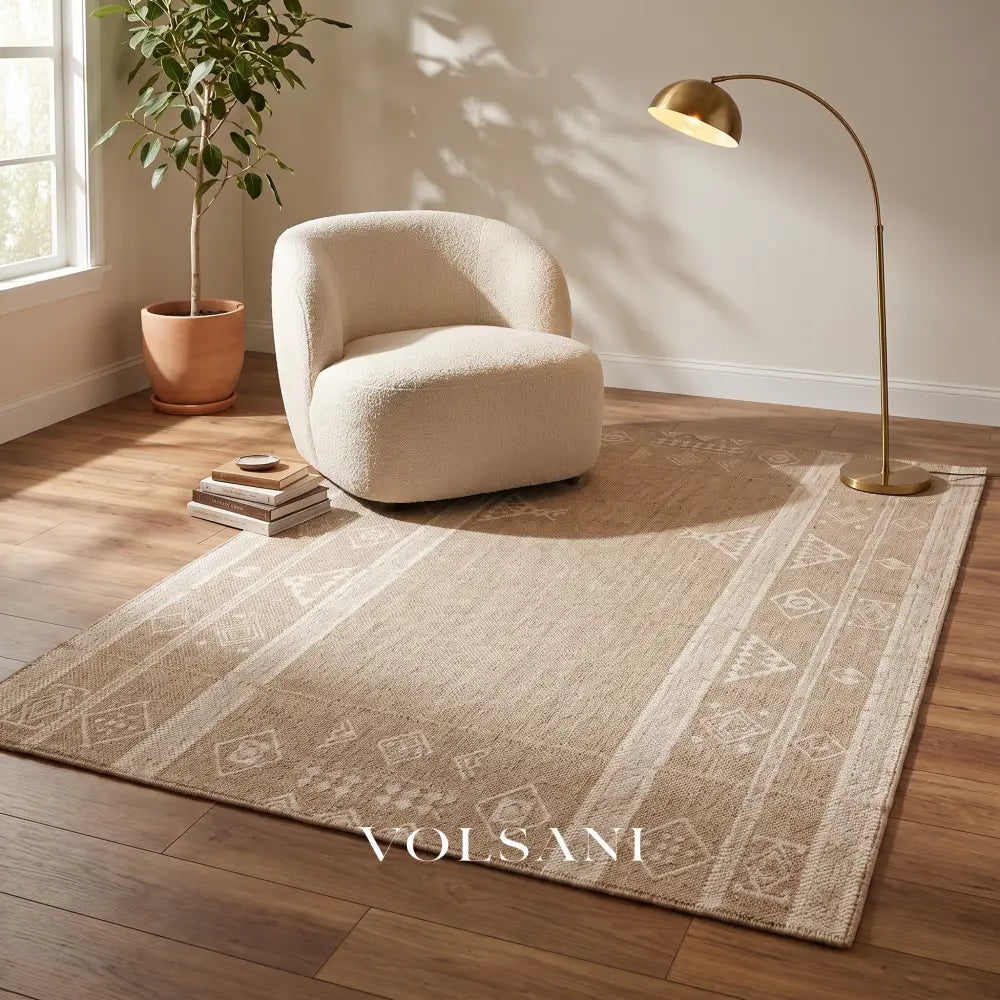 Wool Blend Area Rug with Tribal Weave Neutral Living Room & Dining Room Rug Low Flatweave 5 Sizes 55-138in - Decor >