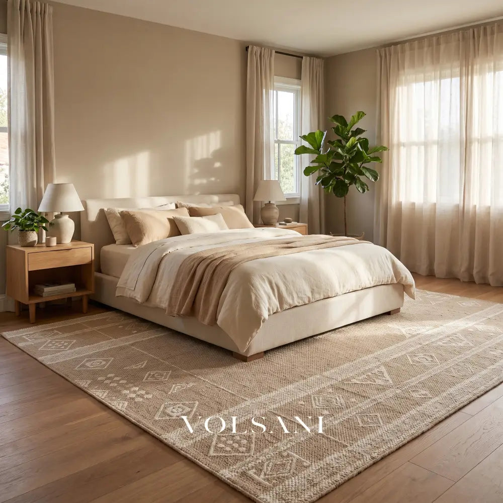 Wool Blend Area Rug with Tribal Weave Neutral Living Room & Dining Room Rug Low Flatweave 5 Sizes 55-138in - Decor >