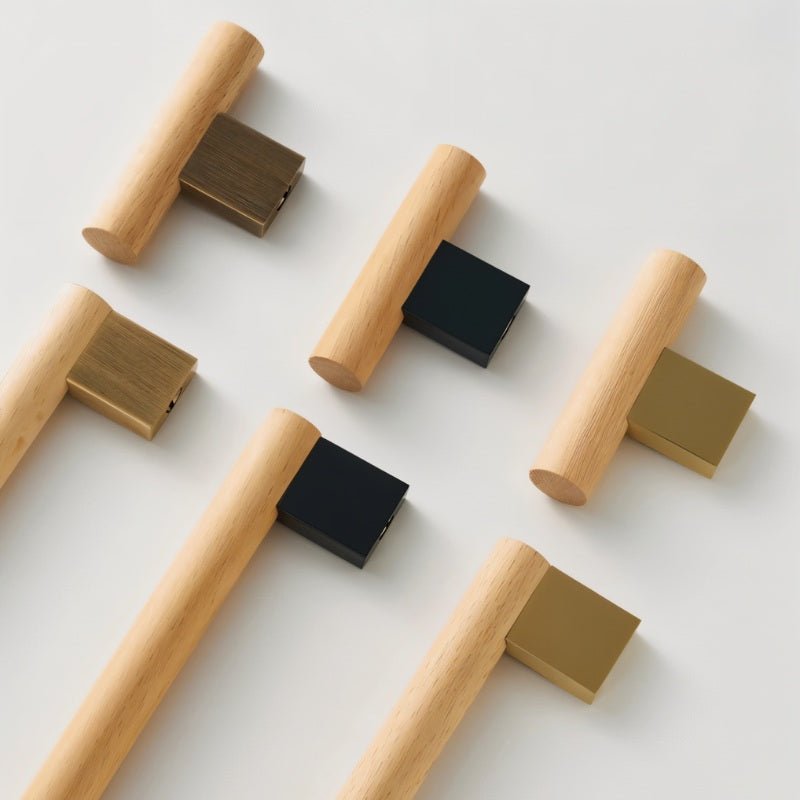 Wood & Brass Cabinet Knobs & Drawer Pull Bars, Geometric Kitchen & Wardrobe Hardware, Black Bronze & Brass Finish, Set of 2, 2.3-13.8in