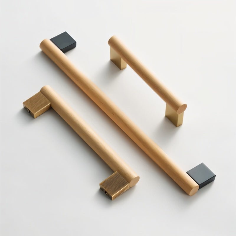 Wood & Brass Cabinet Knobs & Drawer Pull Bars, Geometric Kitchen & Wardrobe Hardware, Black Bronze & Brass Finish, Set of 2, 2.3-13.8in
