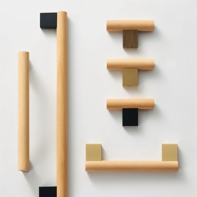 Wood & Brass Cabinet Knobs & Drawer Pull Bars, Geometric Kitchen & Wardrobe Hardware, Black Bronze & Brass Finish, Set of 2, 2.3-13.8in