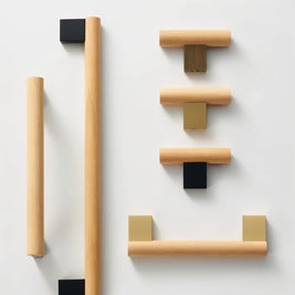 Wood & Brass Cabinet Knobs & Drawer Pull Bars, Geometric Kitchen & Wardrobe Hardware, Black Bronze & Brass Finish, Set of 2, 2.3-13.8in