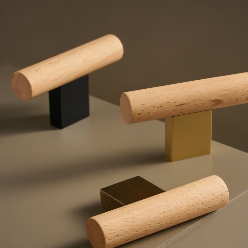 Wood & Brass Cabinet Knobs & Drawer Pull Bars, Geometric Kitchen & Wardrobe Hardware, Black Bronze & Brass Finish, Set of 2, 2.3-13.8in