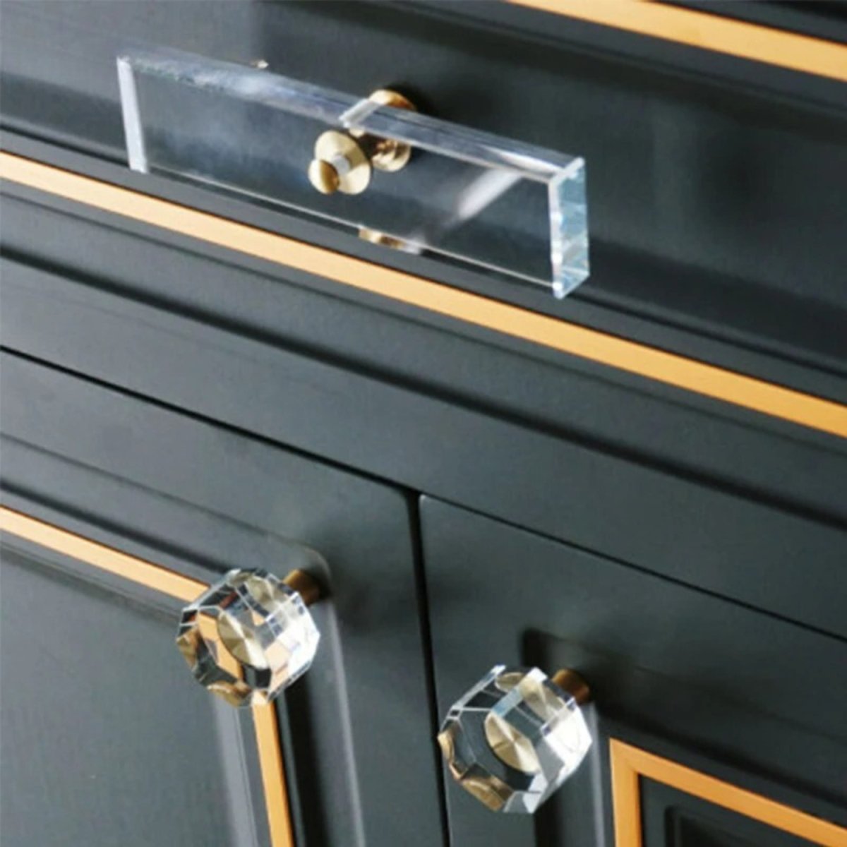 Glass Cabinet Knobs & Pull Bars, Classic Kitchen & Dresser Hardware, Clear & Black Glass, Set of 2 in 6 Sizes, 1.2-4.7in
