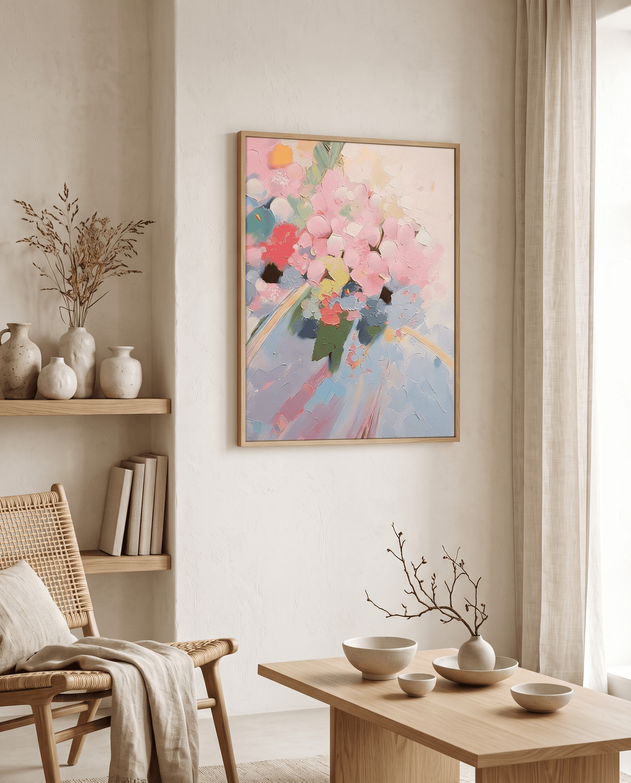 Zacht Pastel Bloemenboeket – Abstract Schilderij (Roze) - Volsani