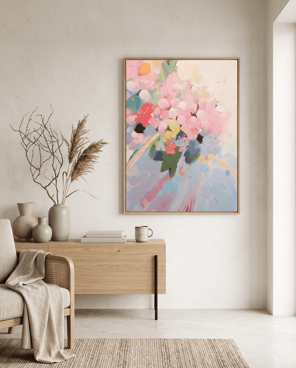 Zacht Pastel Bloemenboeket – Abstract Schilderij (Roze) - Volsani