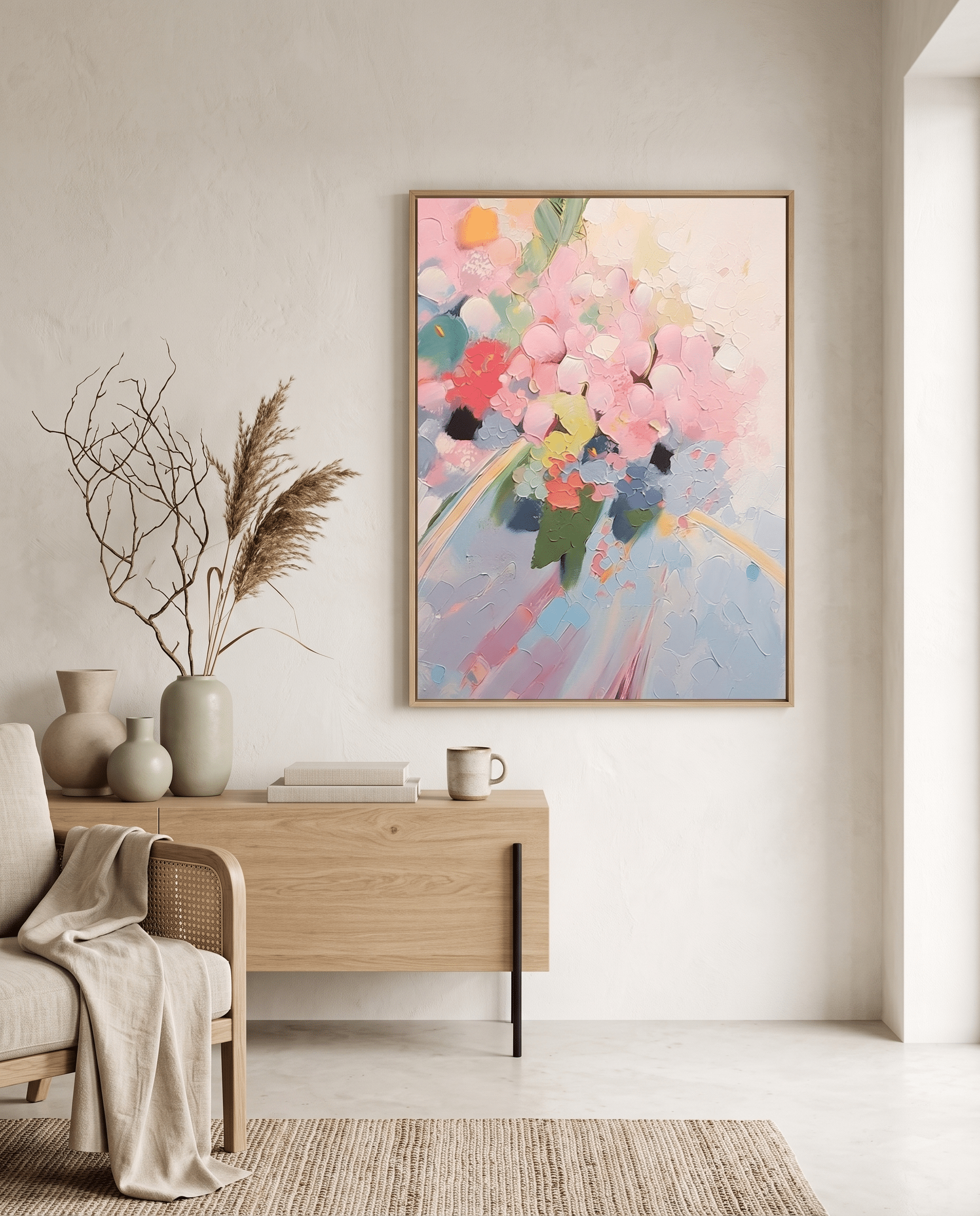 Zacht Pastel Bloemenboeket – Abstract Schilderij (Roze) - Volsani