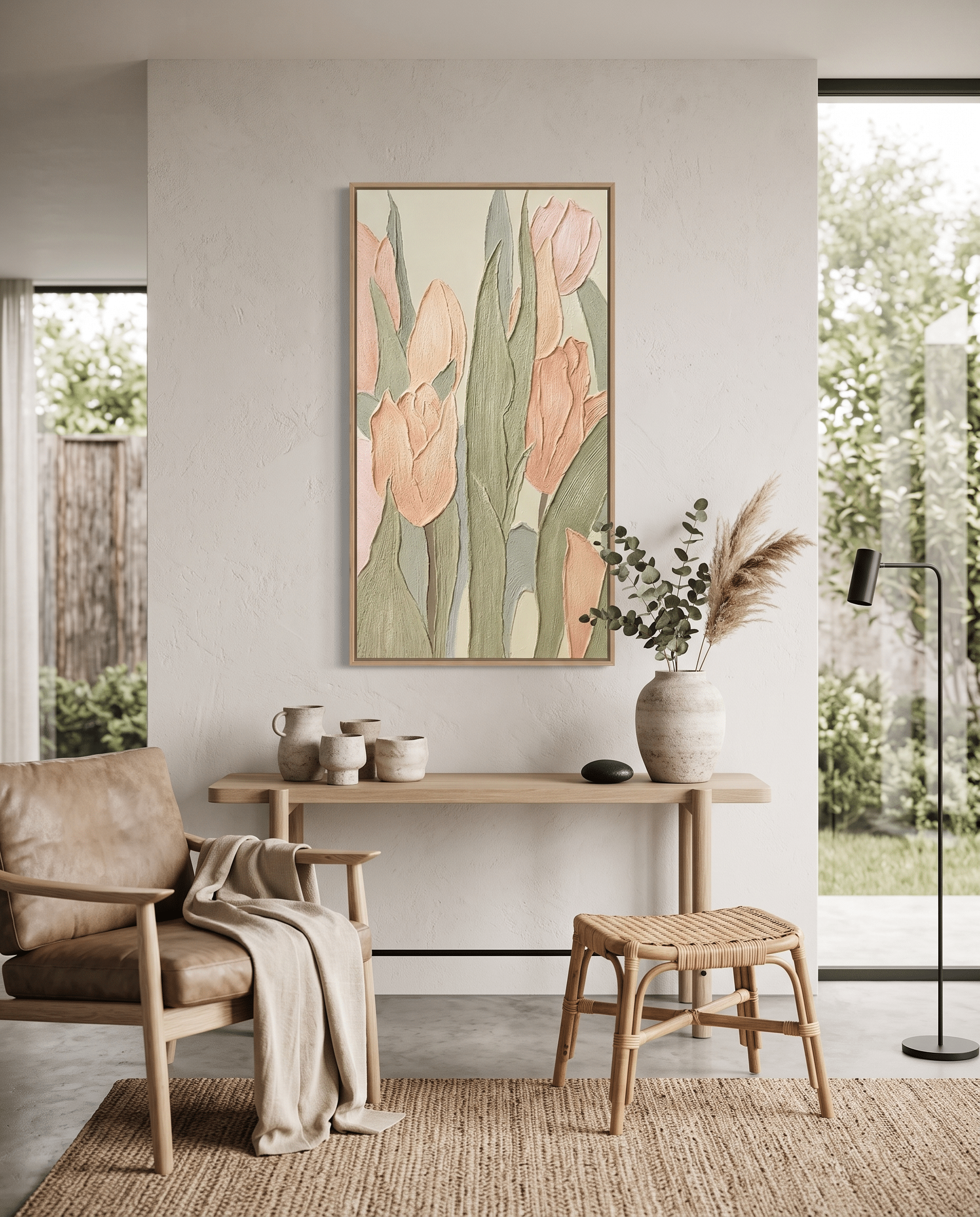 Zachte Tulpen – Getextureerd Bloemschilderij (Perzik & Sage) - Volsani