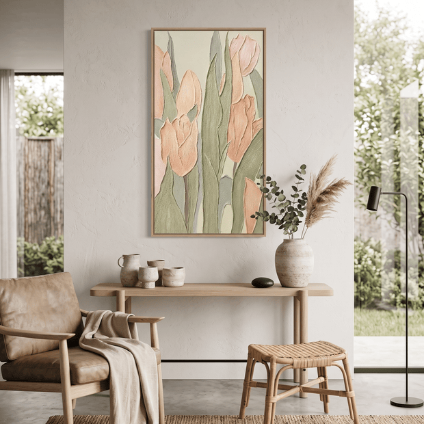 Zachte Tulpen – Getextureerd Bloemschilderij (Perzik & Sage) - Volsani