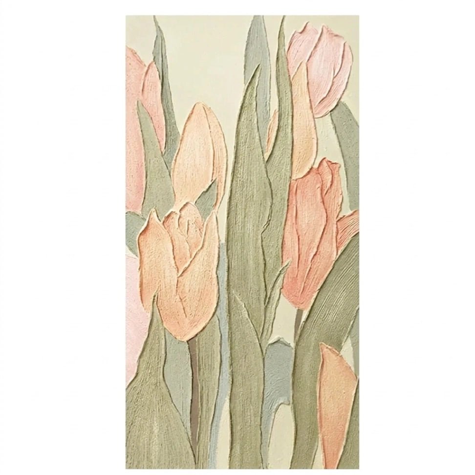 Zachte Tulpen – Getextureerd Bloemschilderij (Perzik & Sage) - Volsani