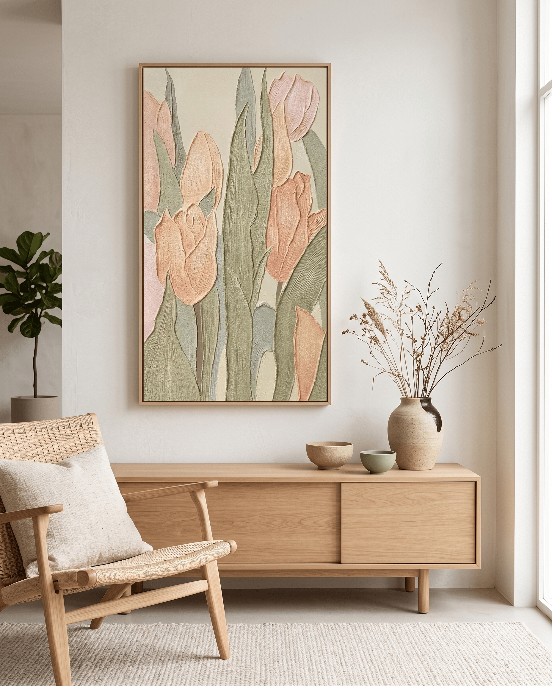 Zachte Tulpen – Getextureerd Bloemschilderij (Perzik & Sage) - Volsani