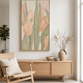 Zachte Tulpen – Getextureerd Bloemschilderij (Perzik & Sage) - Volsani