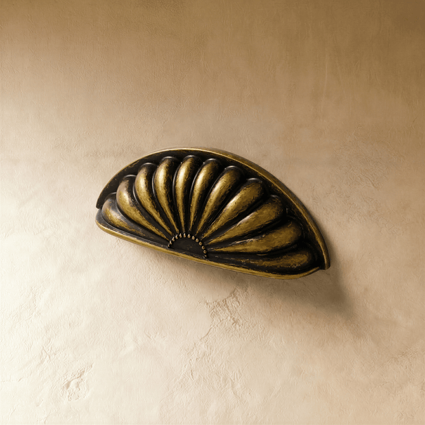 Fan-Shaped Brass Drawer Pulls, Vintage Kitchen & Dresser Hardware, Vintage Brass Finish, Set of 2, 3.7 x 0.9in
